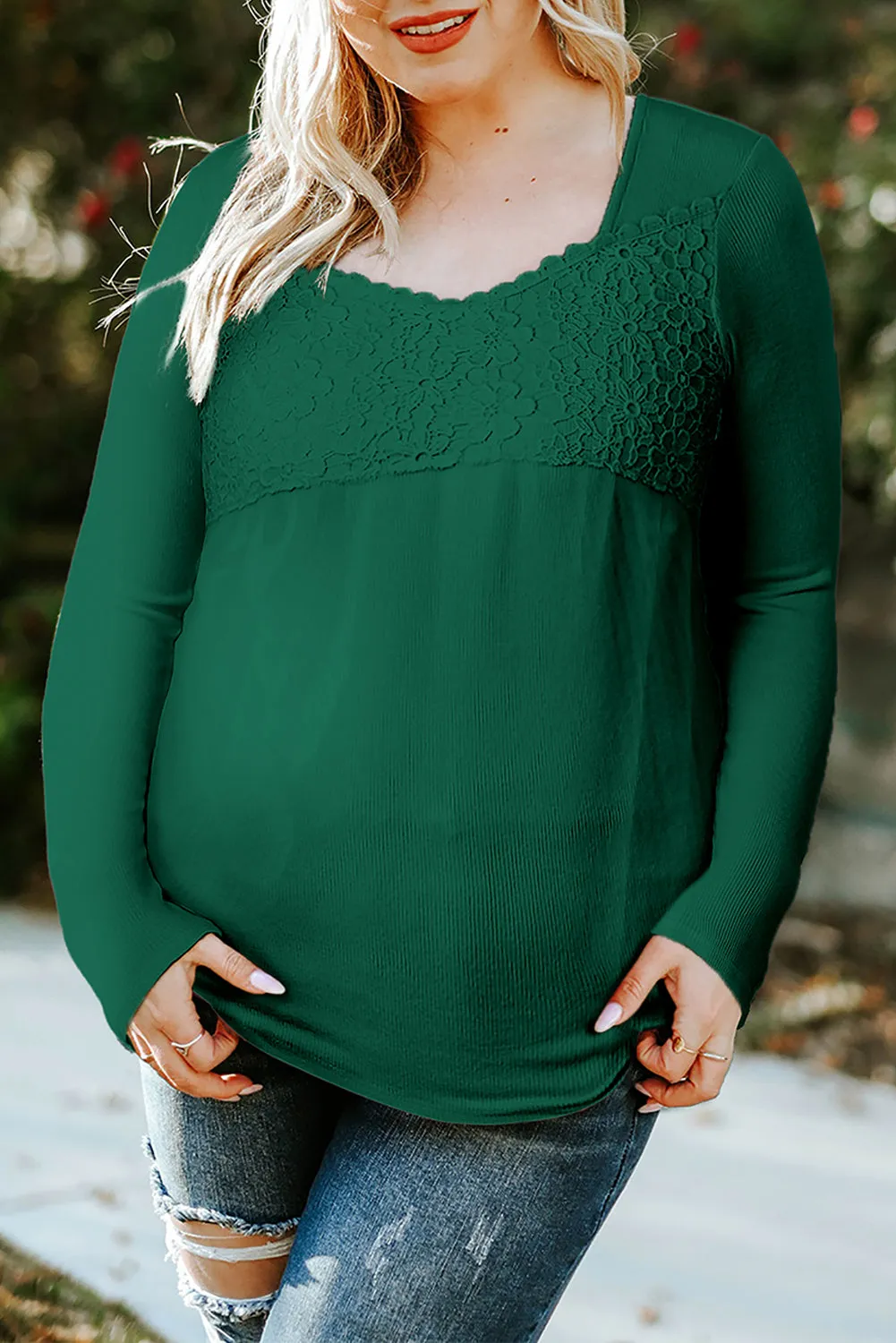 Green Lace Crochet V Neck Long Sleeve Top