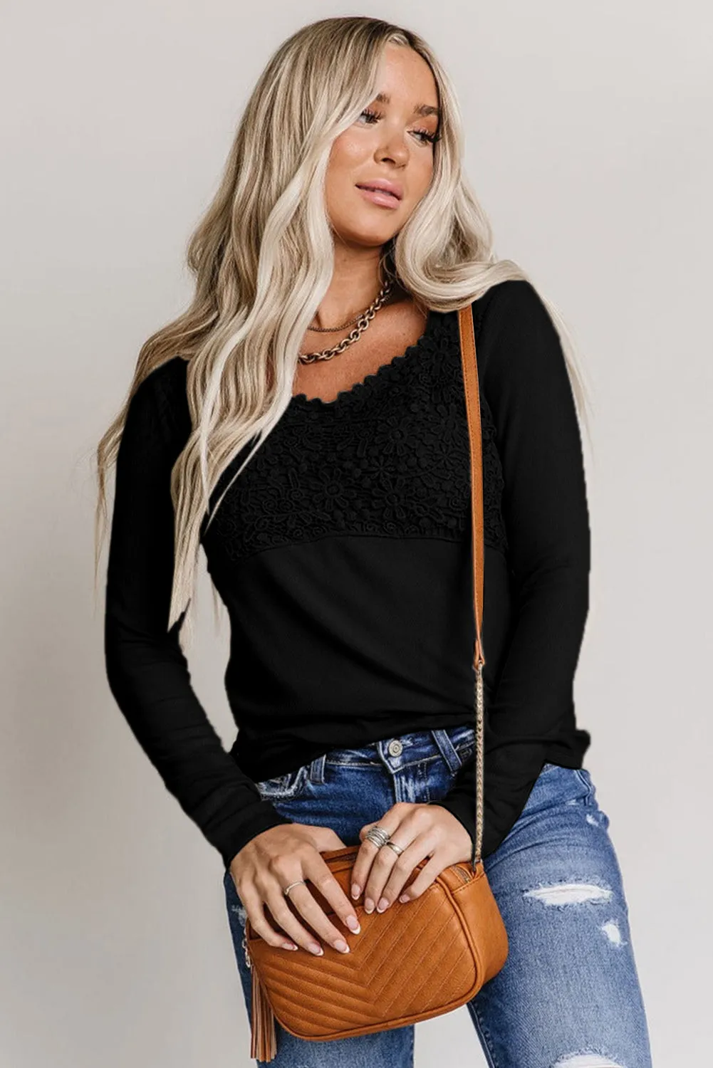 Green Lace Crochet V Neck Long Sleeve Top