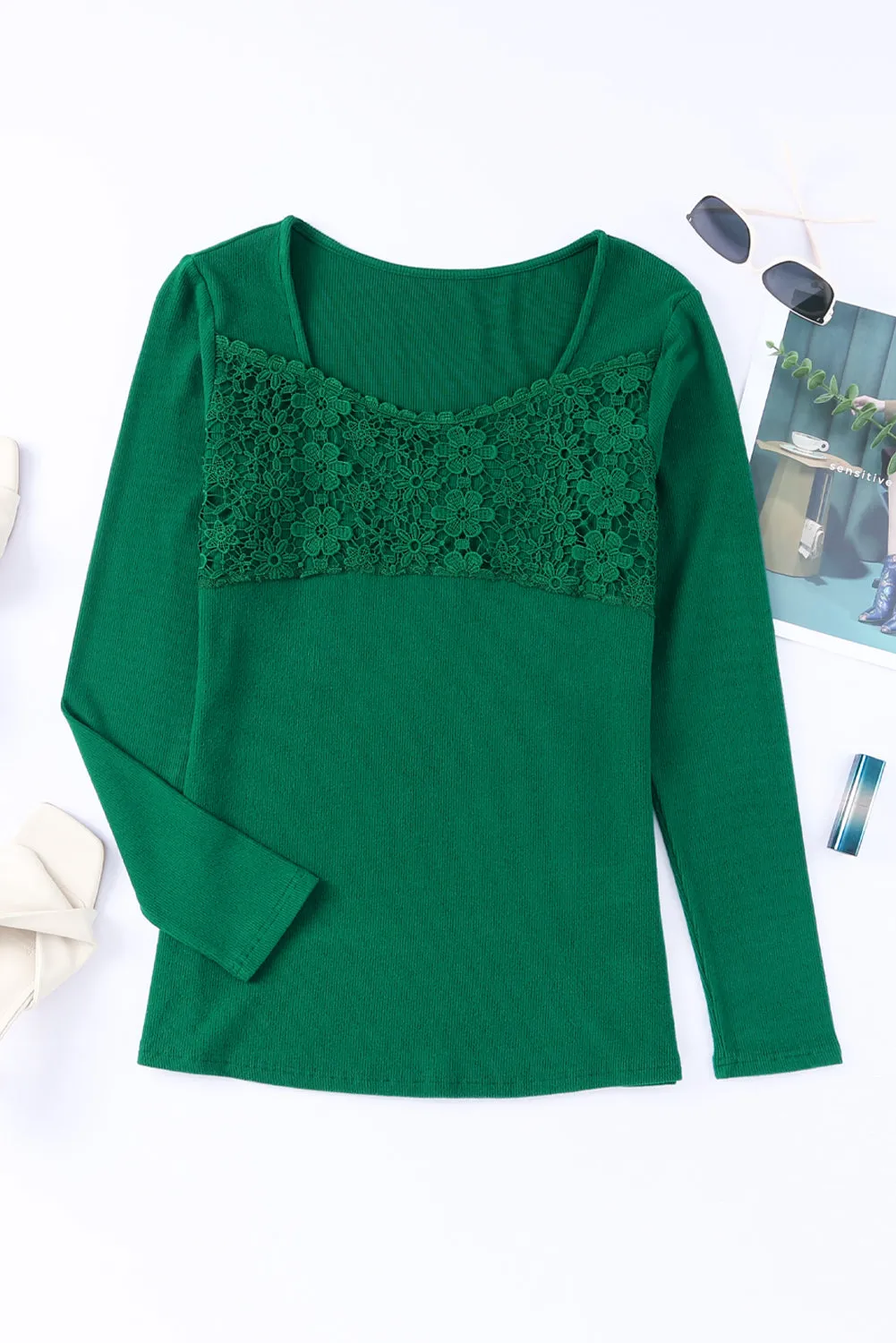 Green Lace Crochet V Neck Long Sleeve Top