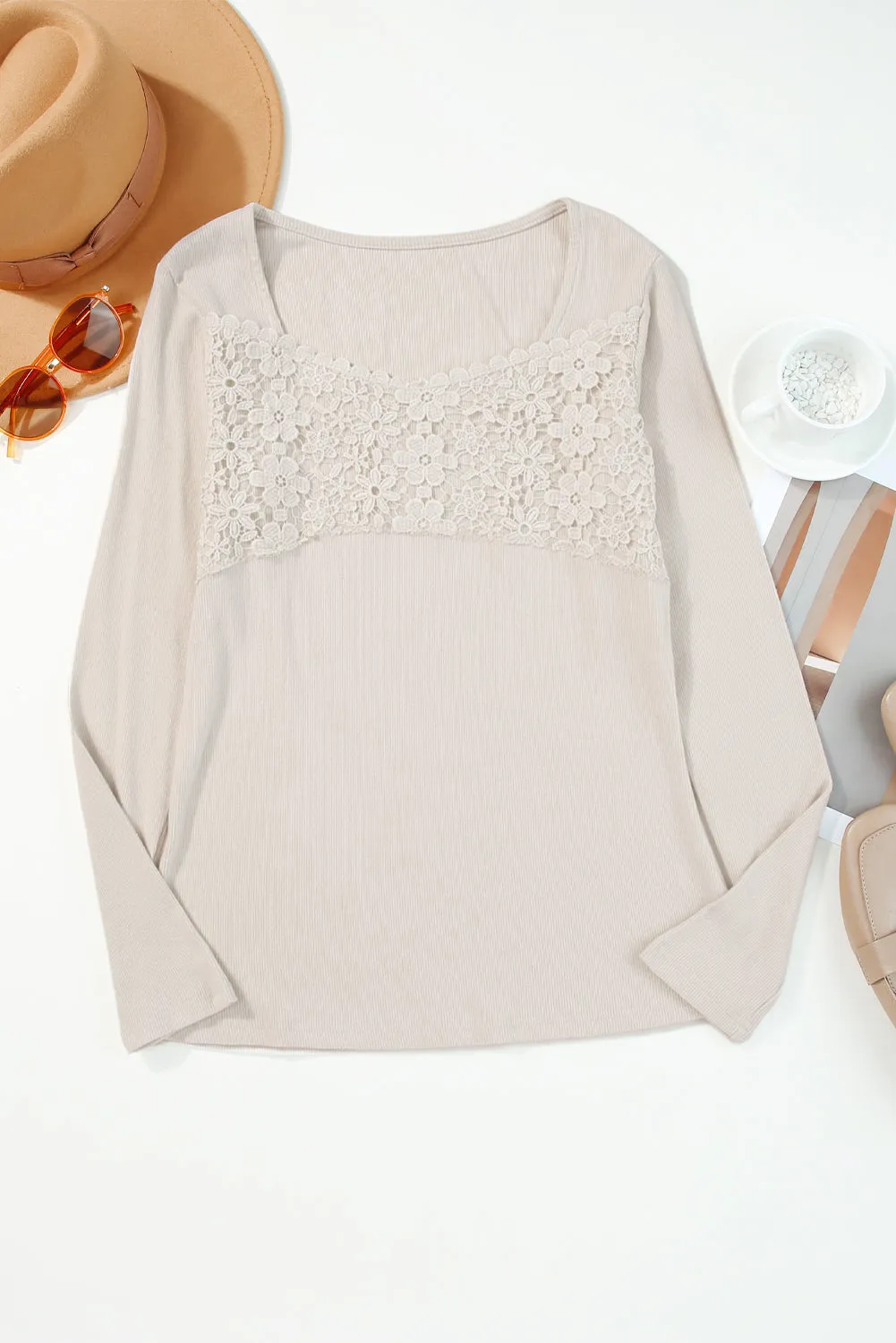 Green Lace Crochet V Neck Long Sleeve Top