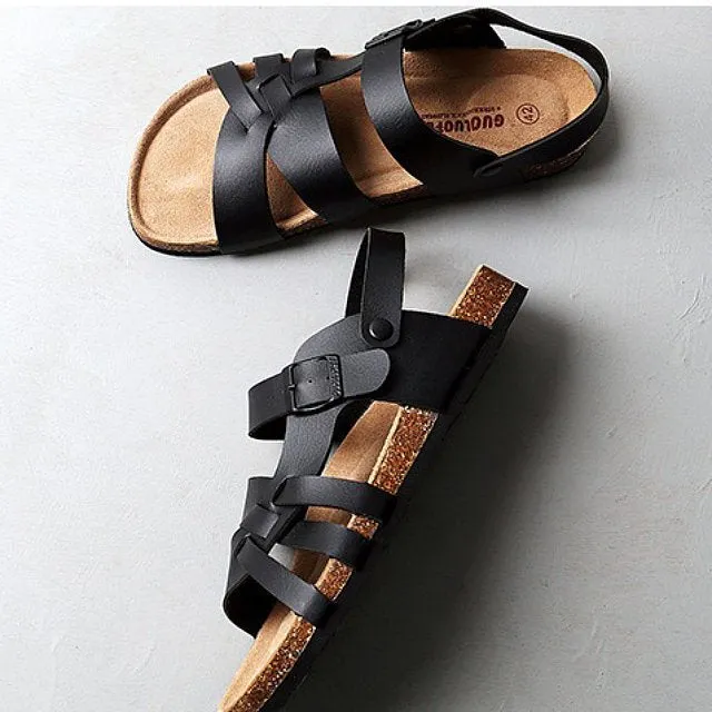 Groovywish Men Leather Orthopedic Sandals Flat Back Strap Unique Summer