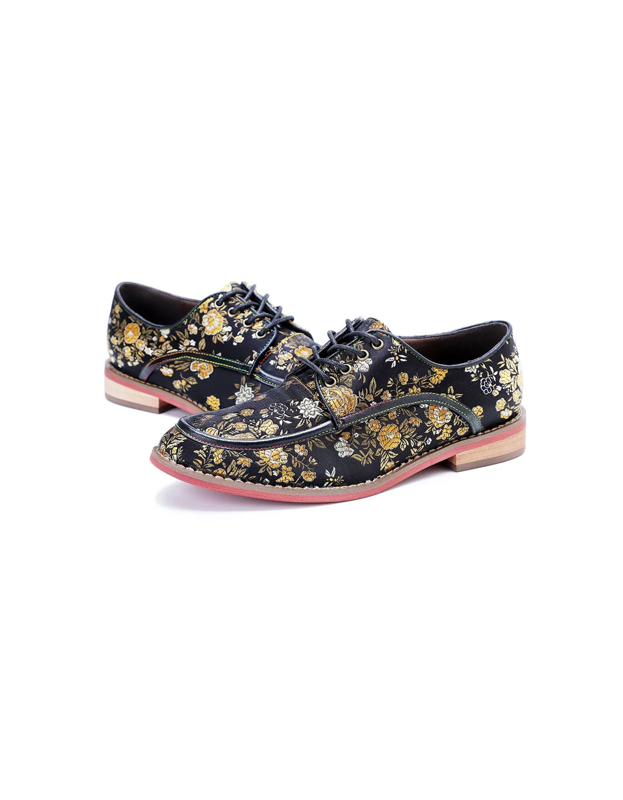 Hand-brushed  Leather Printed Vintage Floral Oxford Shoes