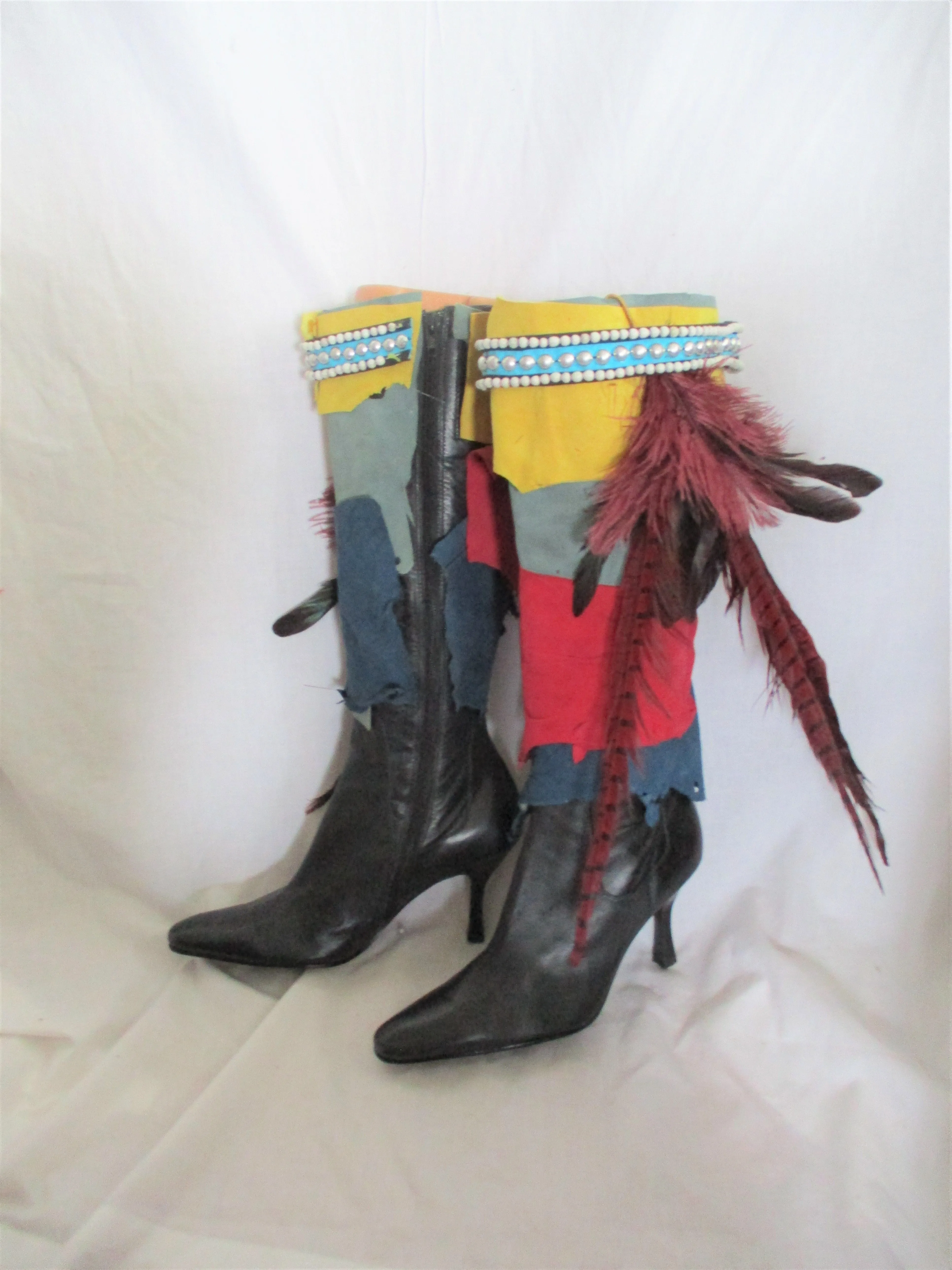 Handmade Upcycled ENZO ANGIOLINI Knee High Boot Feather Boho Hippie 7 Leather Patchwork