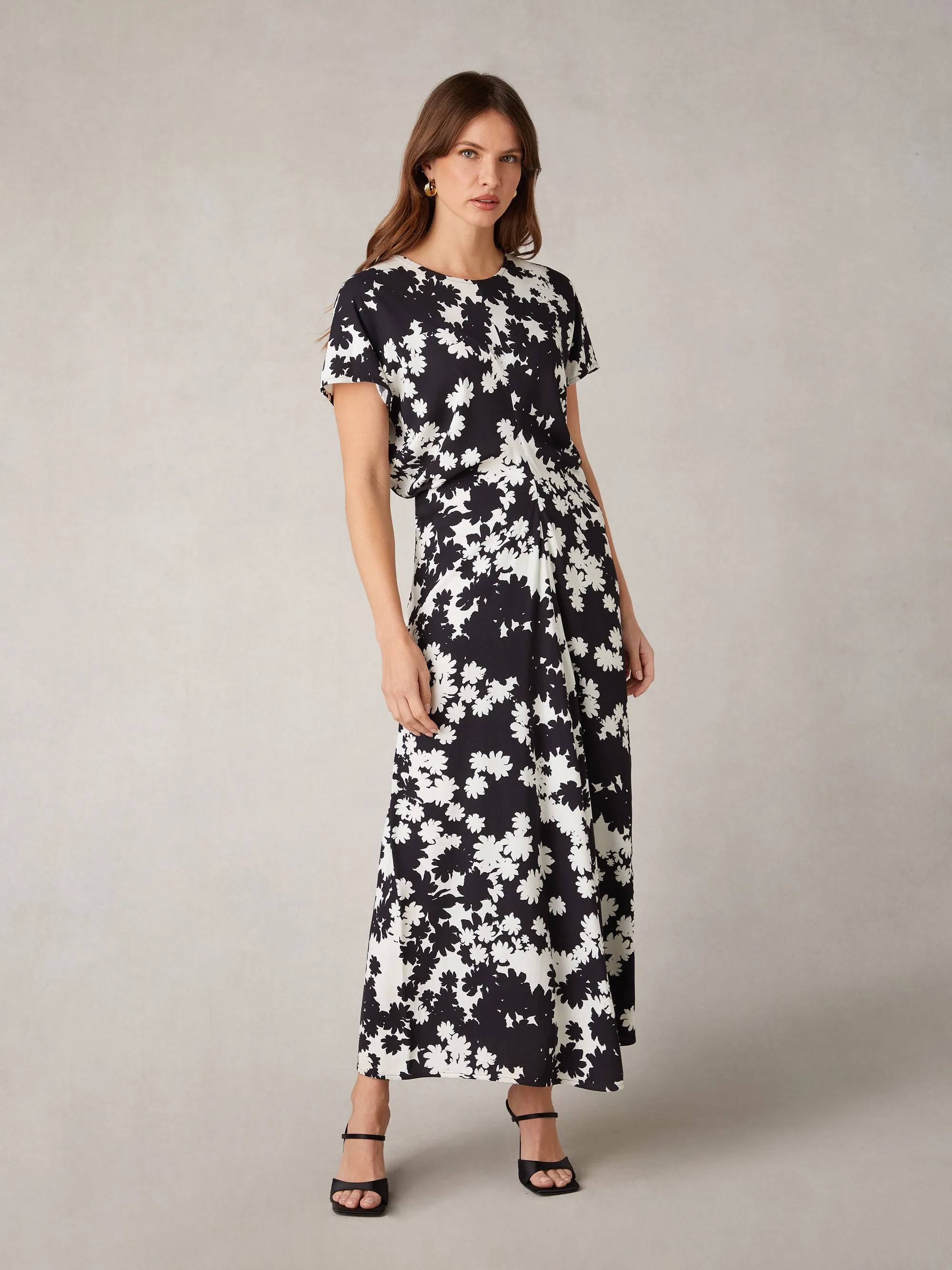 Harper Mono Floral Print Flutter Sleeve Midaxi Dress