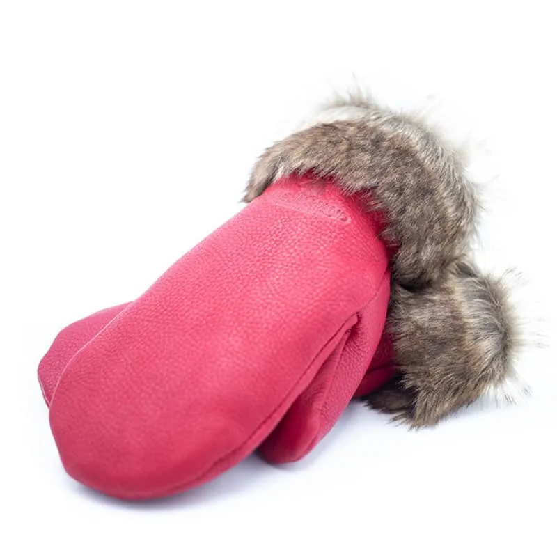Hides In Hands Deerskin Leather Mitt With Faux Fur Trim in Various Colors
