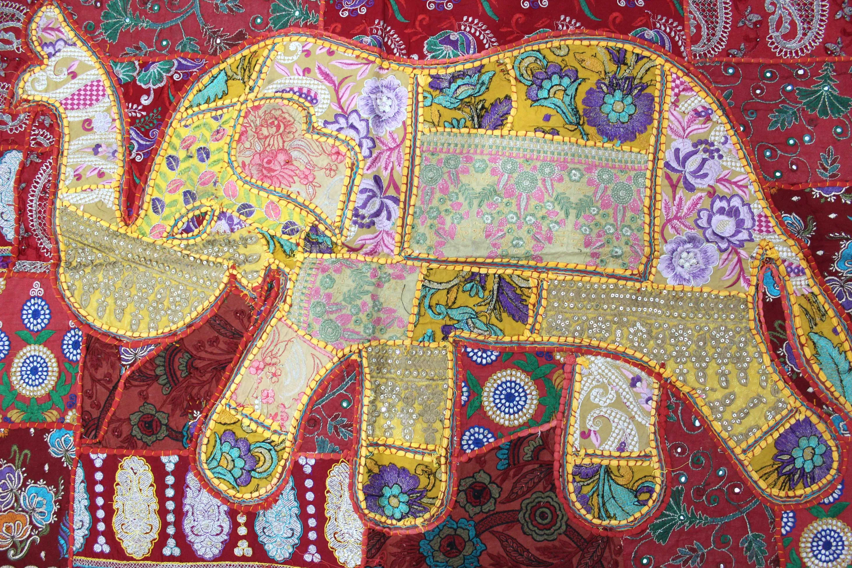 Indian Wall Hanging Embroidered Elephant Tapestry Yellow