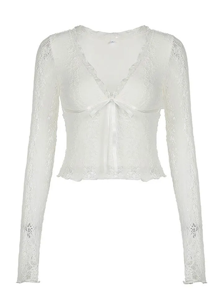 Lace Patchwork Sheer V-Neck Crop Top