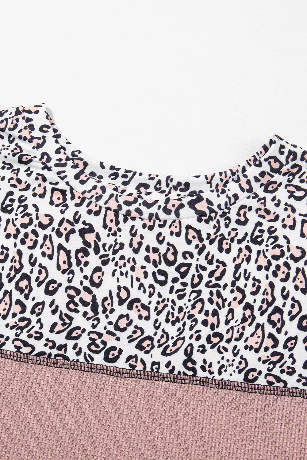 Light Pink Leopard Print Waffle Knit Patchwork Top