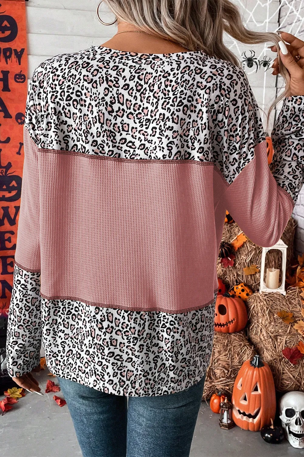 Light Pink Leopard Print Waffle Knit Patchwork Top