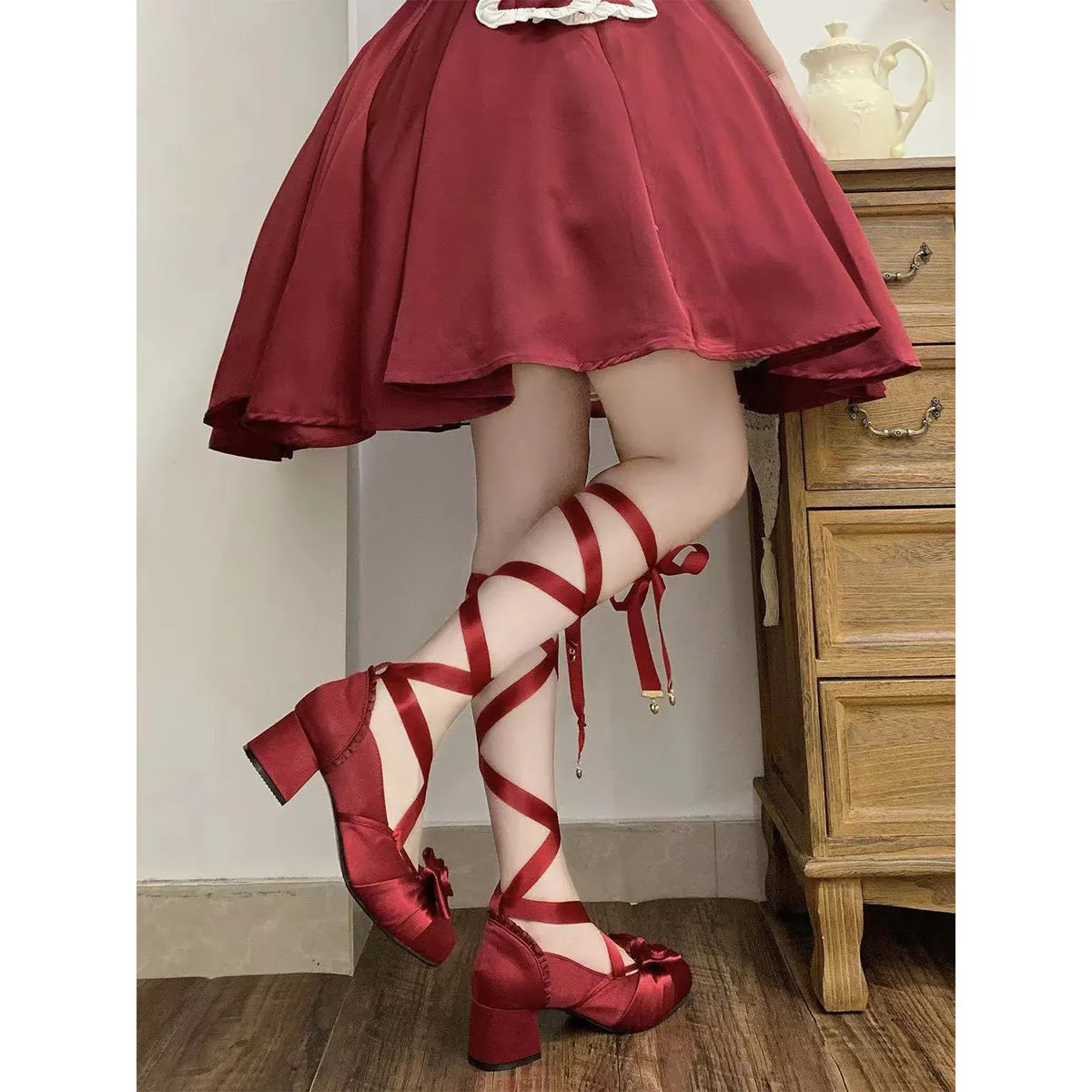 Lolita Square Toe Elegant Low Heel Satin Mary Janes