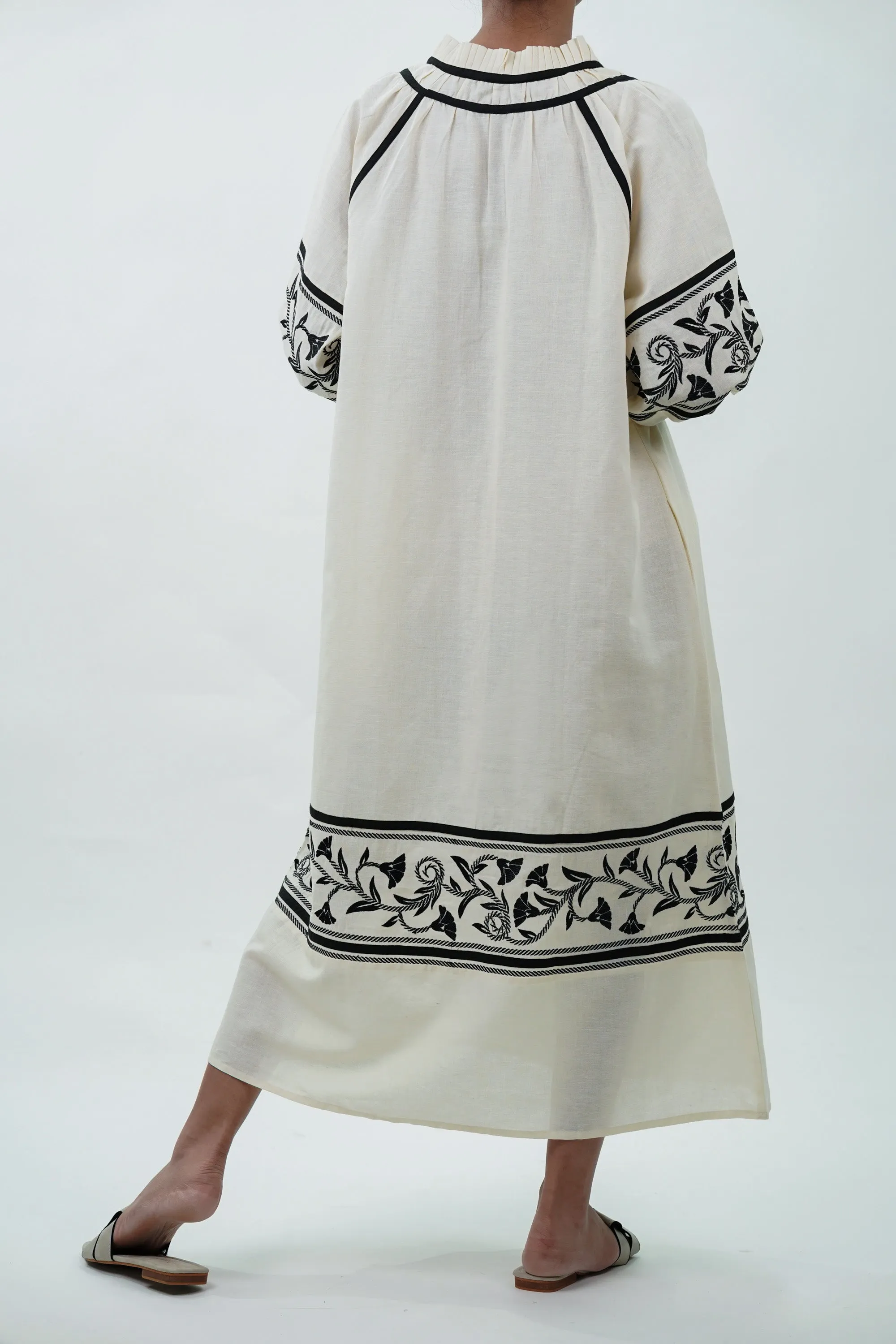 Long Cotton Dress with Black Floral Embroidery