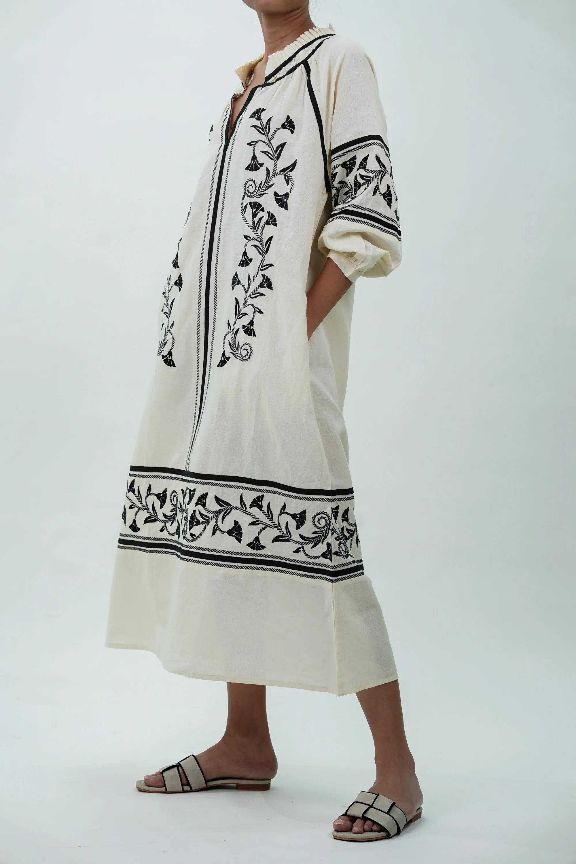 Long Cotton Dress with Black Floral Embroidery