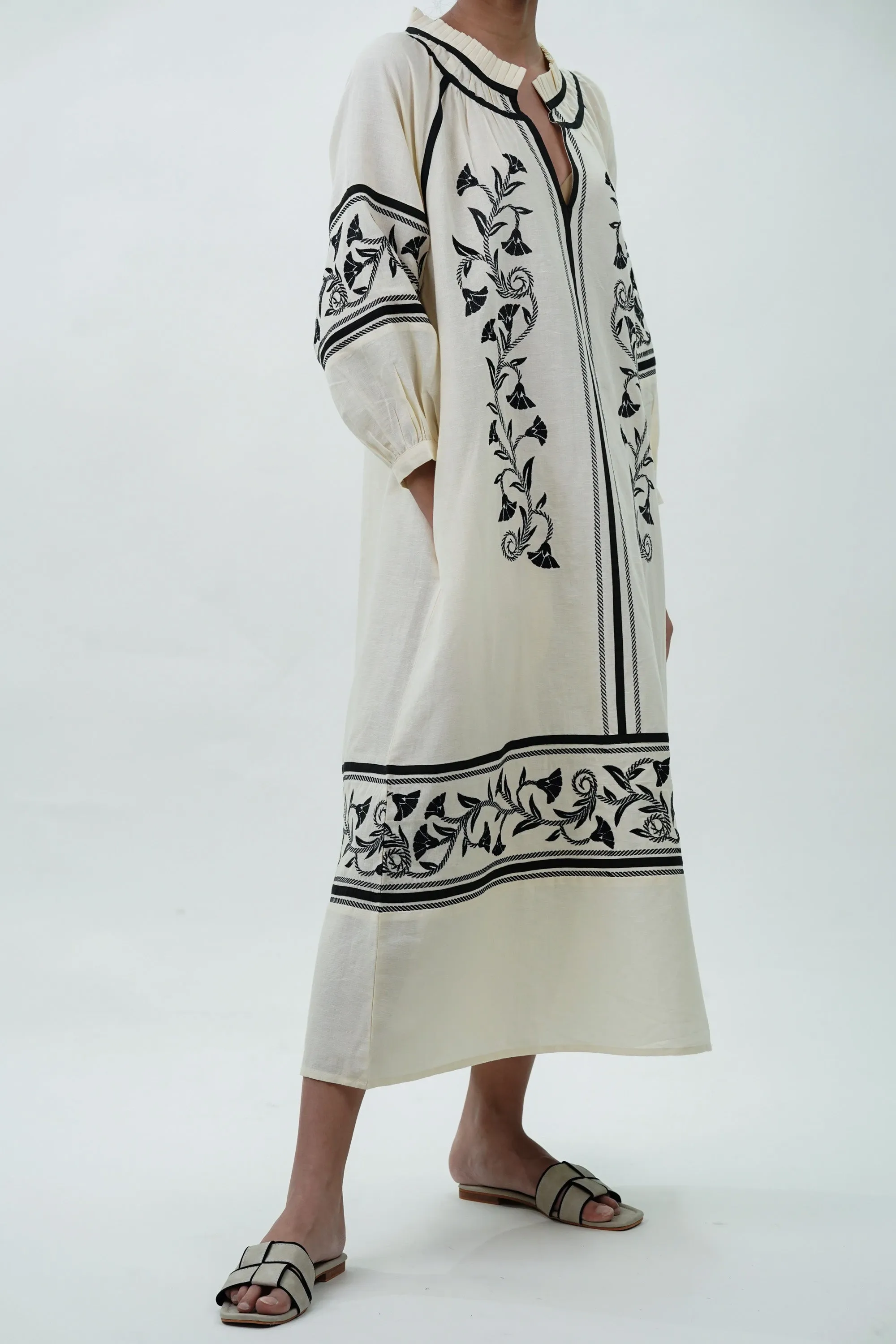 Long Cotton Dress with Black Floral Embroidery