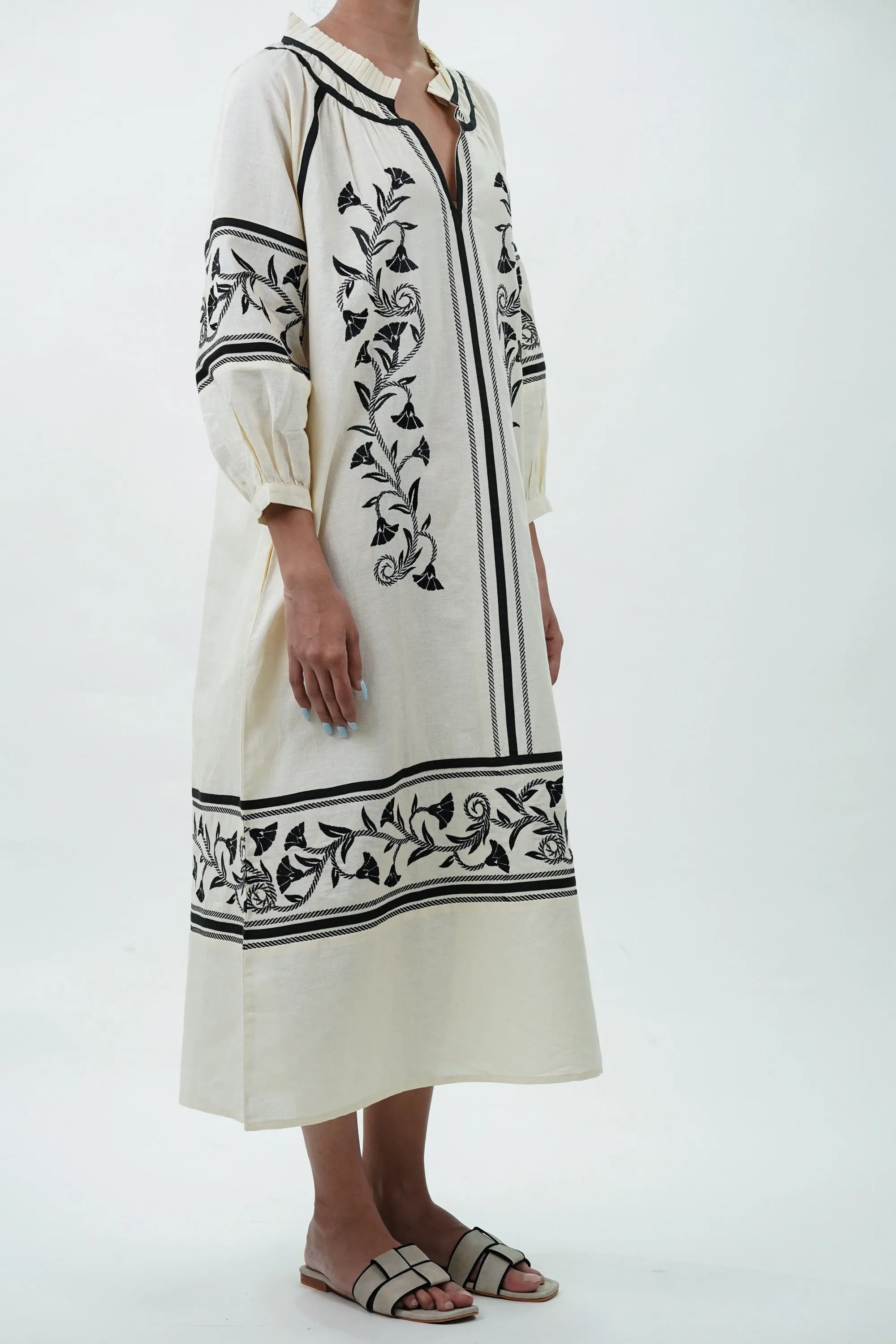 Long Cotton Dress with Black Floral Embroidery