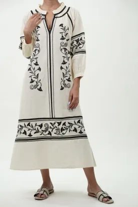 Long Cotton Dress with Black Floral Embroidery