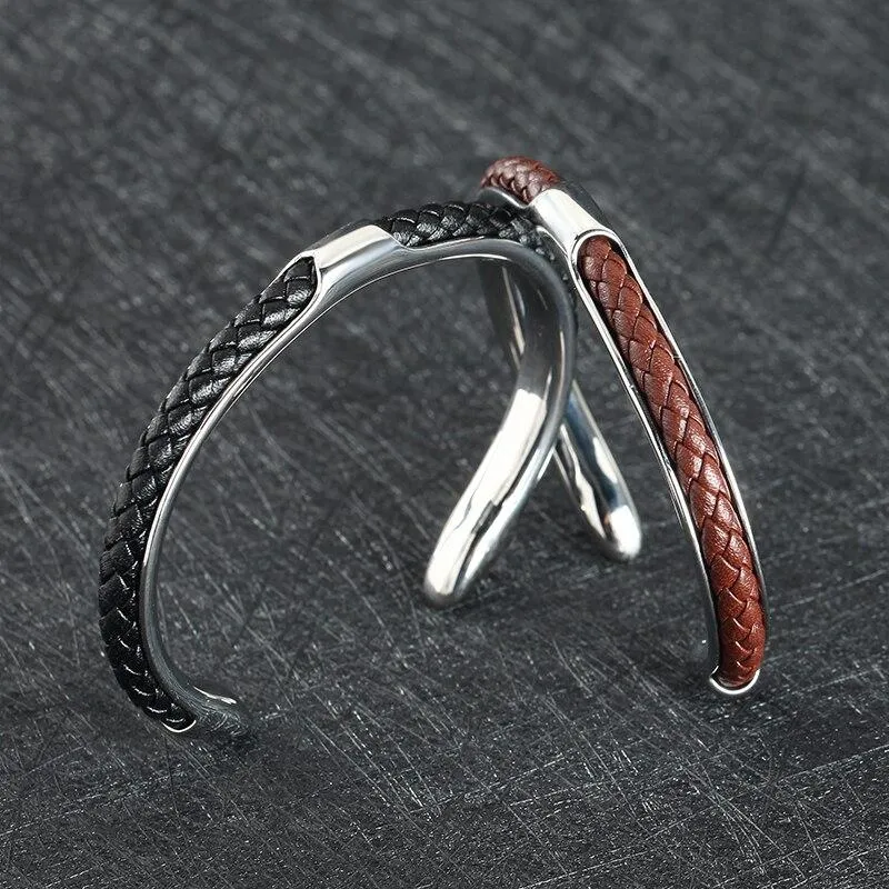 Lupo Braided Leather & Stainless Steel Cuff Bracelet