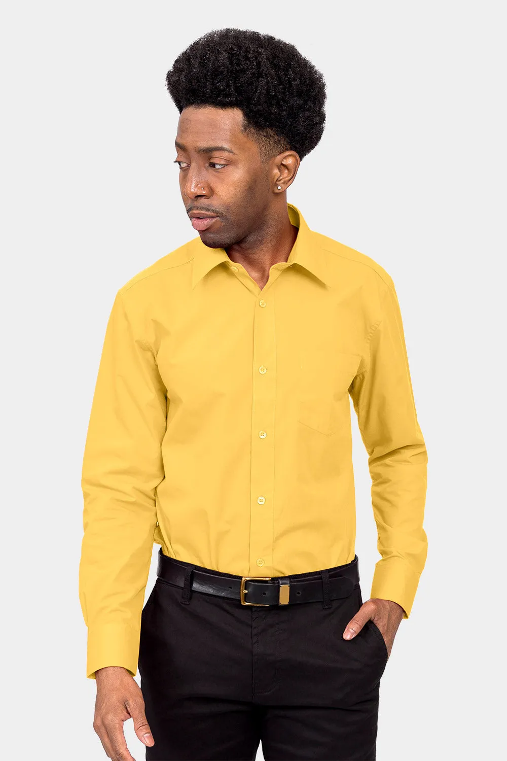 Men's Basic Solid Color Button Up Dress Shirt (Yellow)