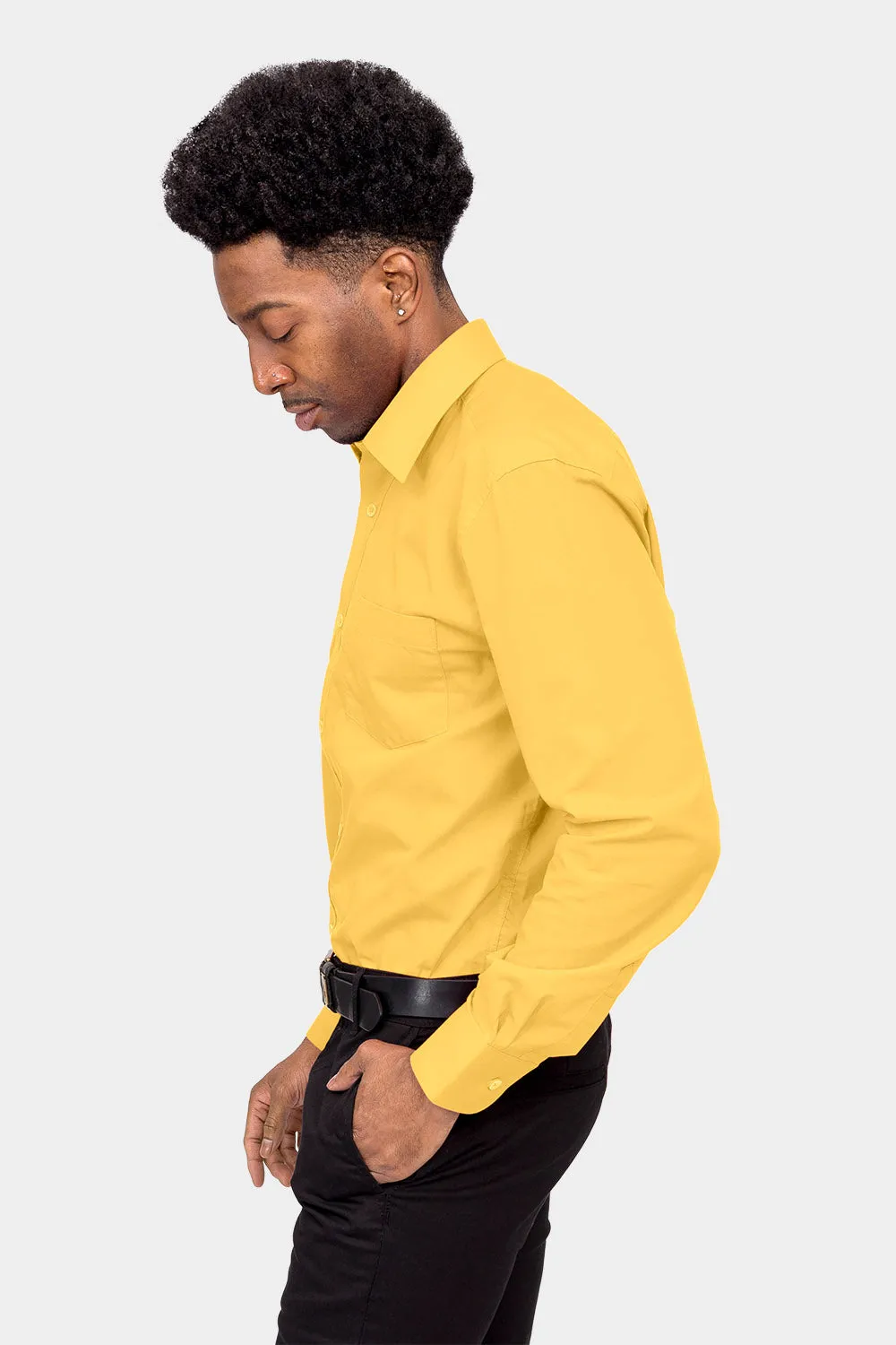 Men's Basic Solid Color Button Up Dress Shirt (Yellow)