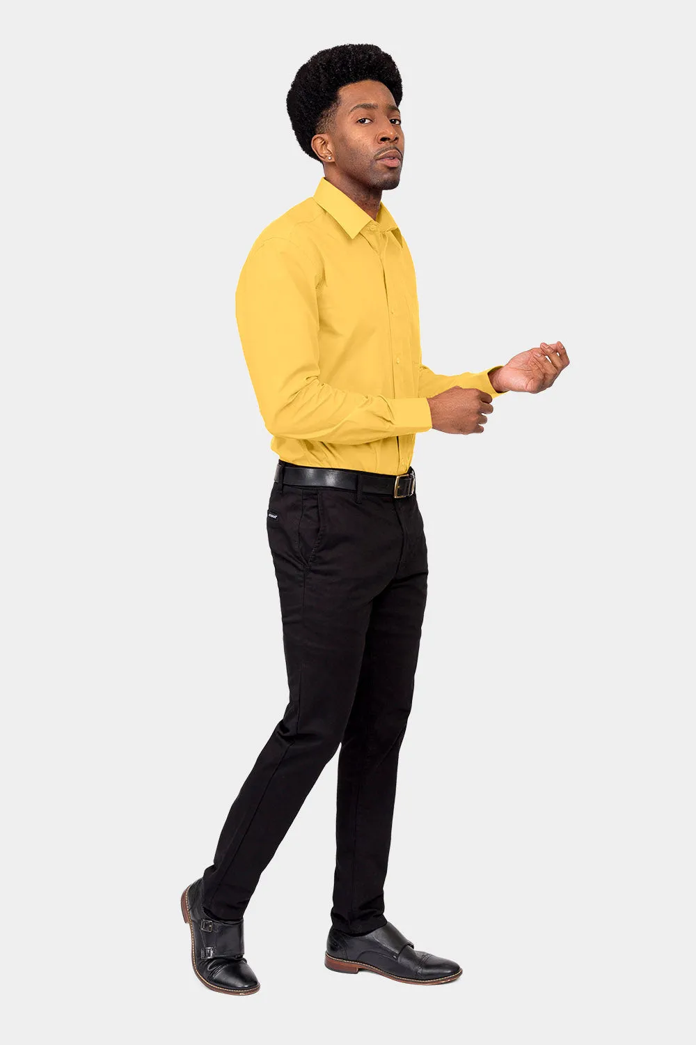 Men's Basic Solid Color Button Up Dress Shirt (Yellow)