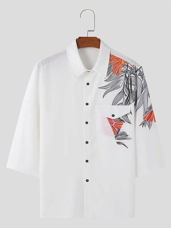 Mens Color-Block Leaf Print Short Sleeve Shirt SKUK65083