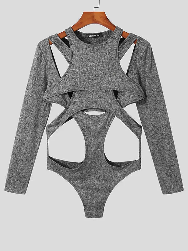 Mens Cutout Patchwork Long Sleeve Triangle Bodysuit SKUI95215