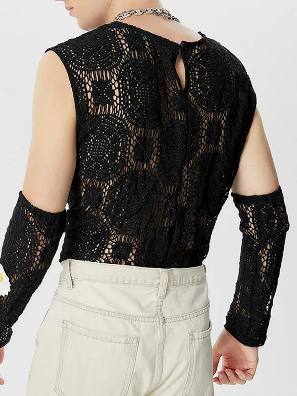 Mens Floral Print Lace Sheer Cropped Tank SKUK62905