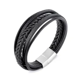 Men's Genuine Black Leather Bracelet with Stainless Steel Clasp