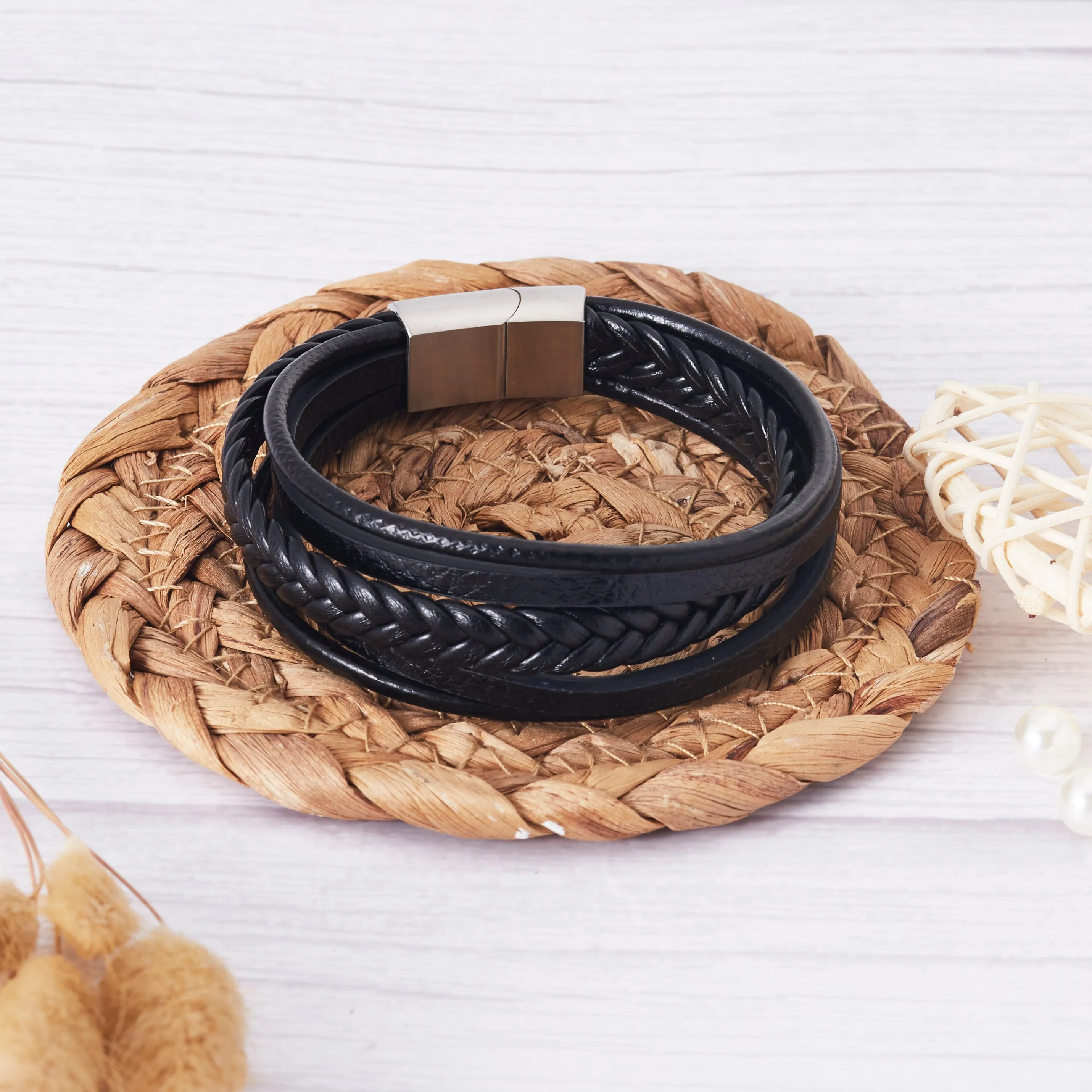 Men's Genuine Black Leather Bracelet with Stainless Steel Clasp