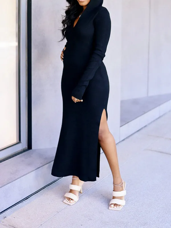 Momnfancy Solid Backless Slit Baby Shower Hooded Bodycon Maternity Midi Dress