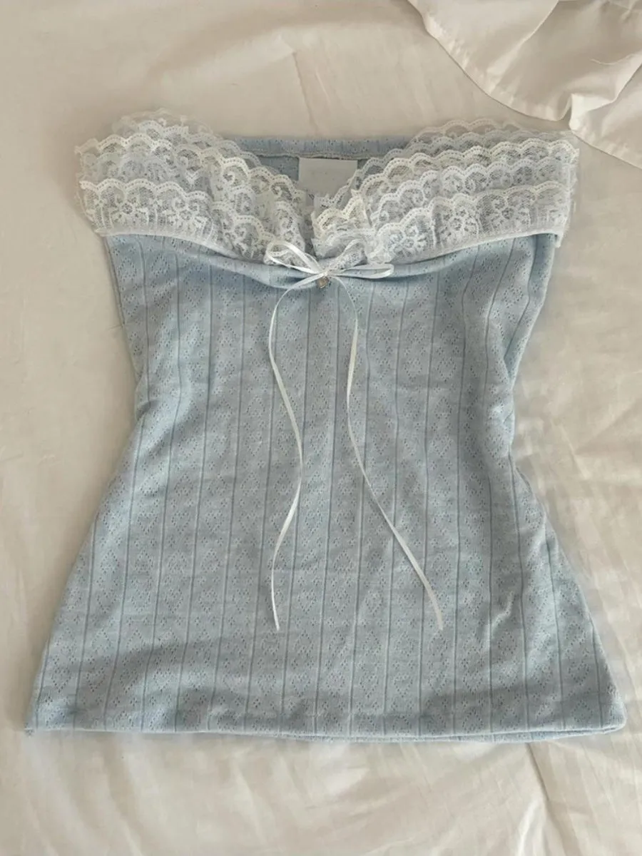 Original blue lace patchwork knitted tube top