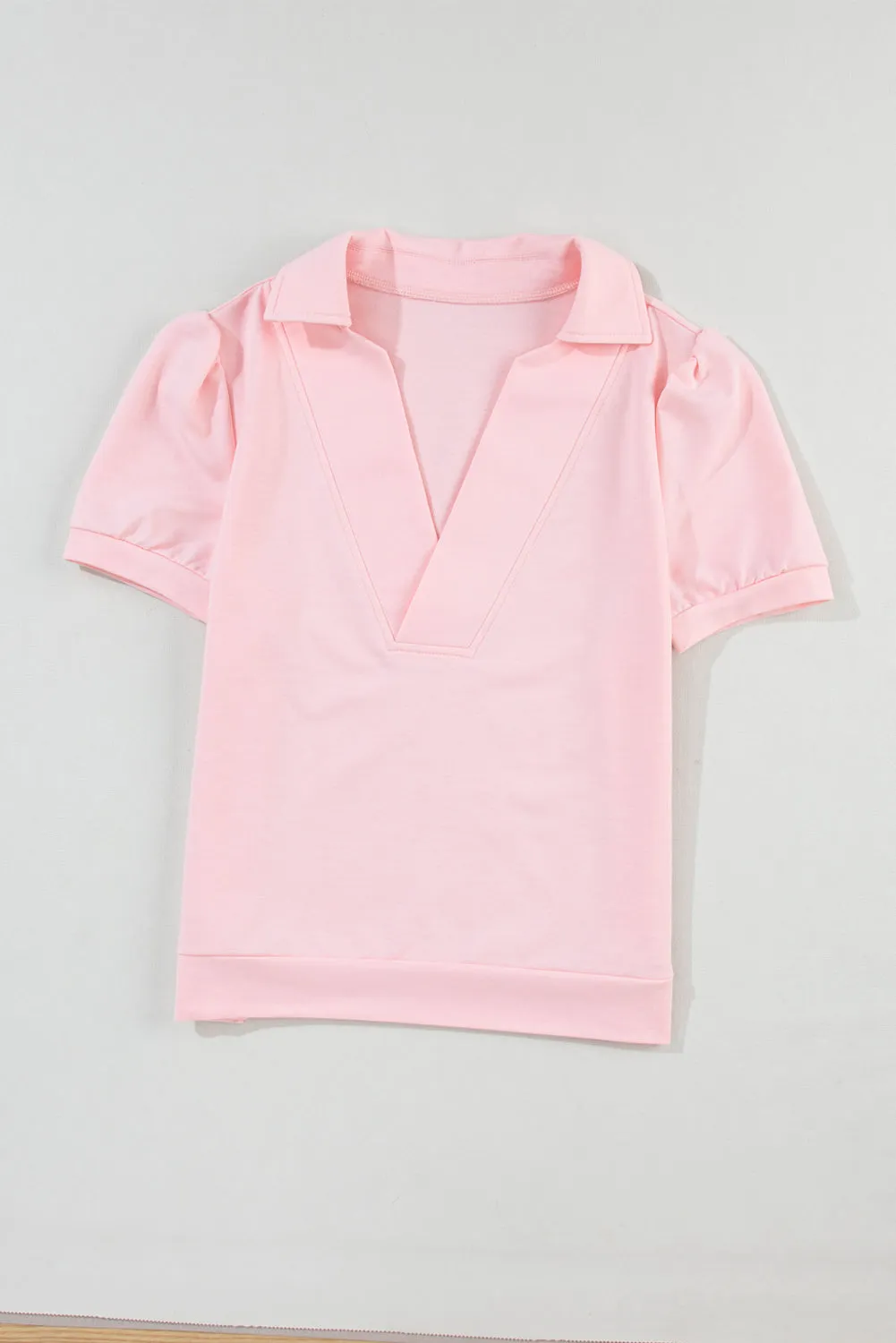 Pink Collared V Neck Puff Sleeve T-shirt