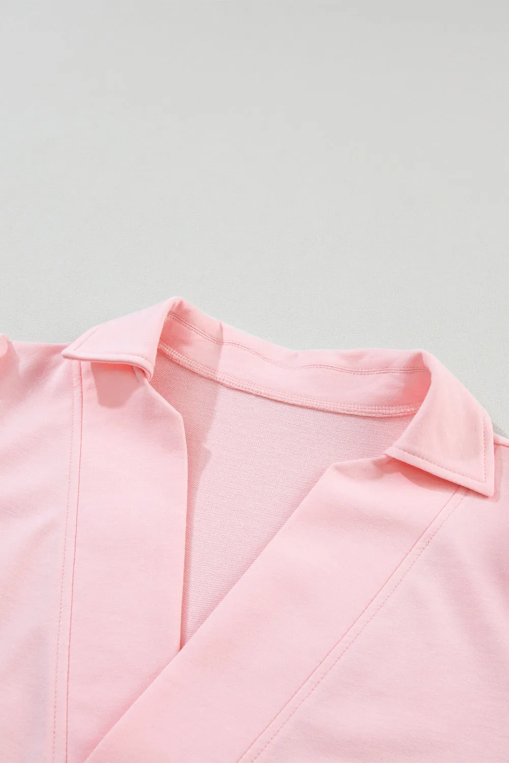 Pink Collared V Neck Puff Sleeve T-shirt