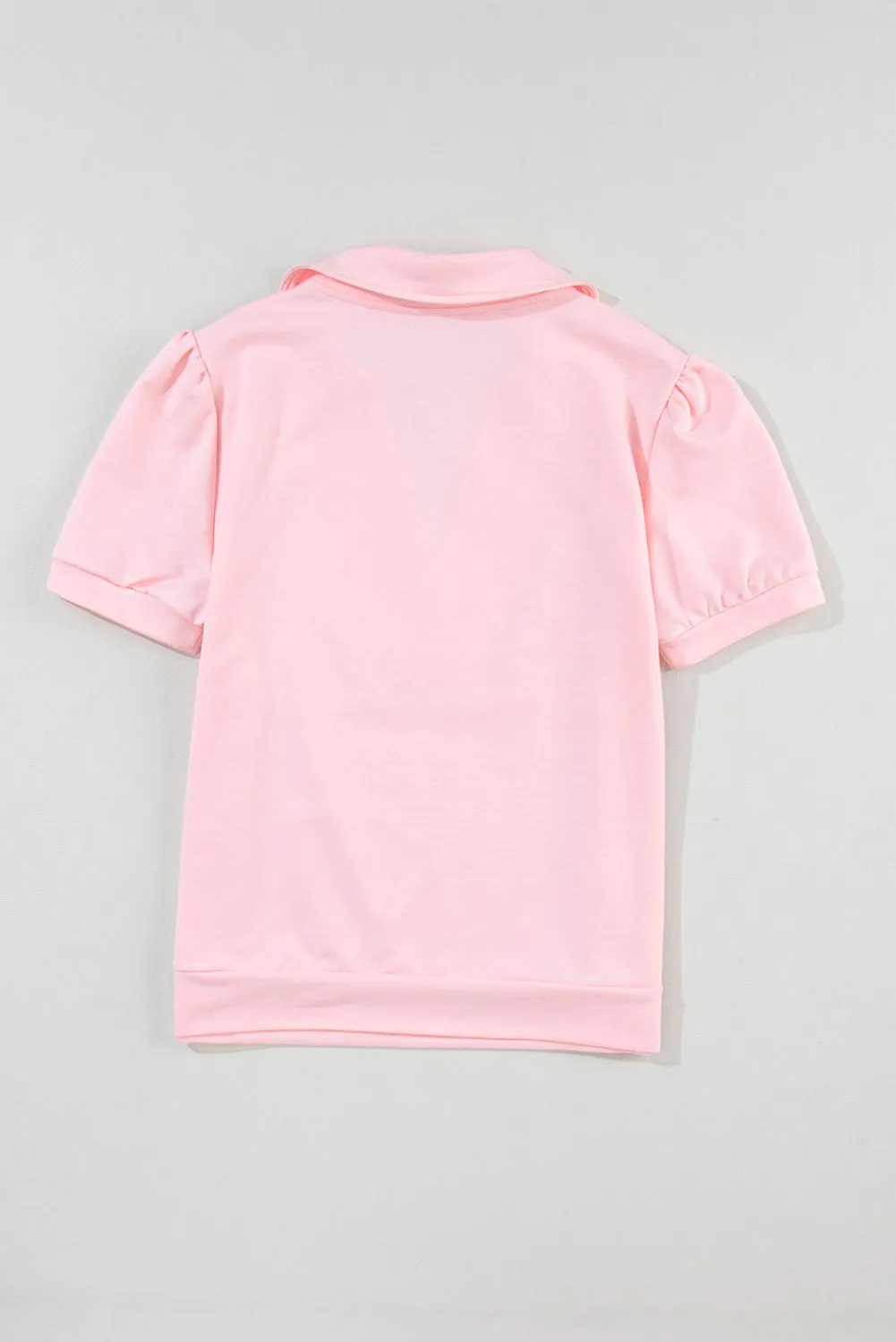 Pink Collared V Neck Puff Sleeve T-shirt