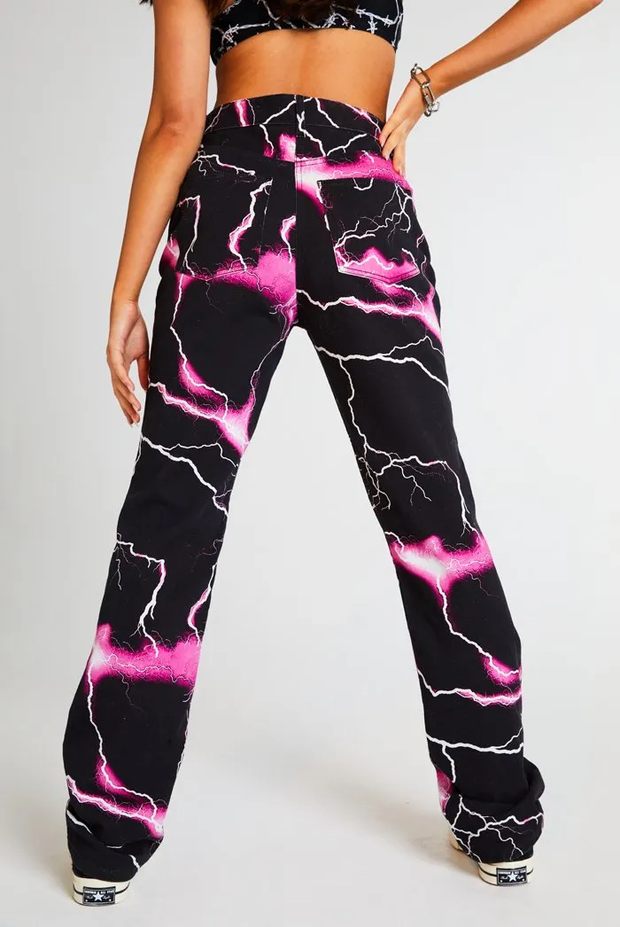 Pink Lightning Print Boyfriend Jeans