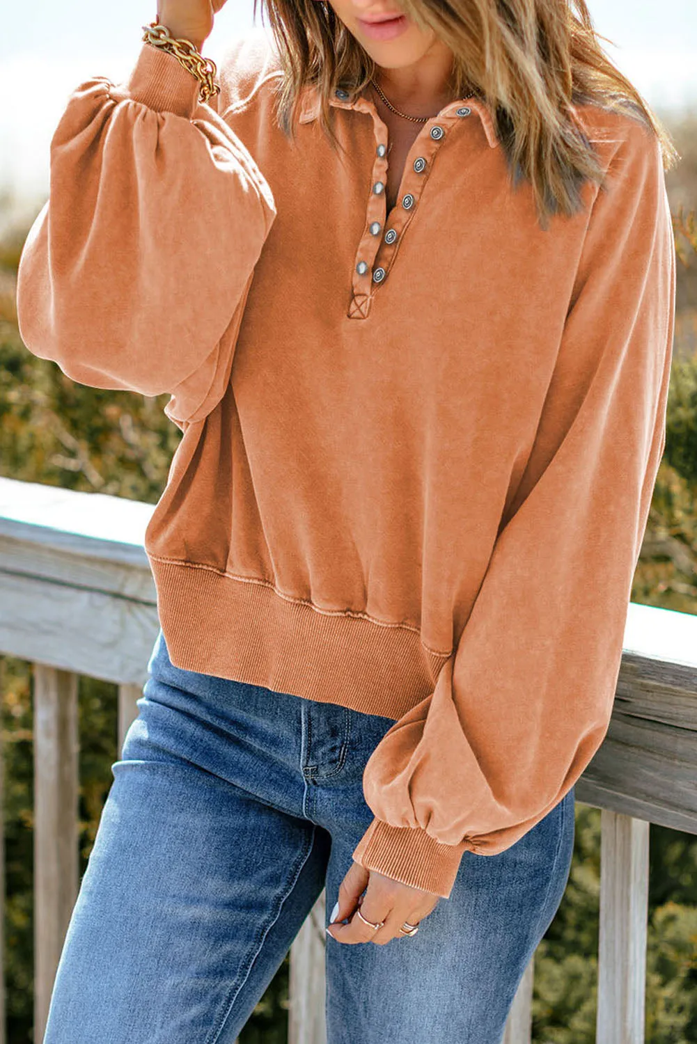 Pink Washed Snap Buttons Lantern Sleeve Pullover Sweatshirt