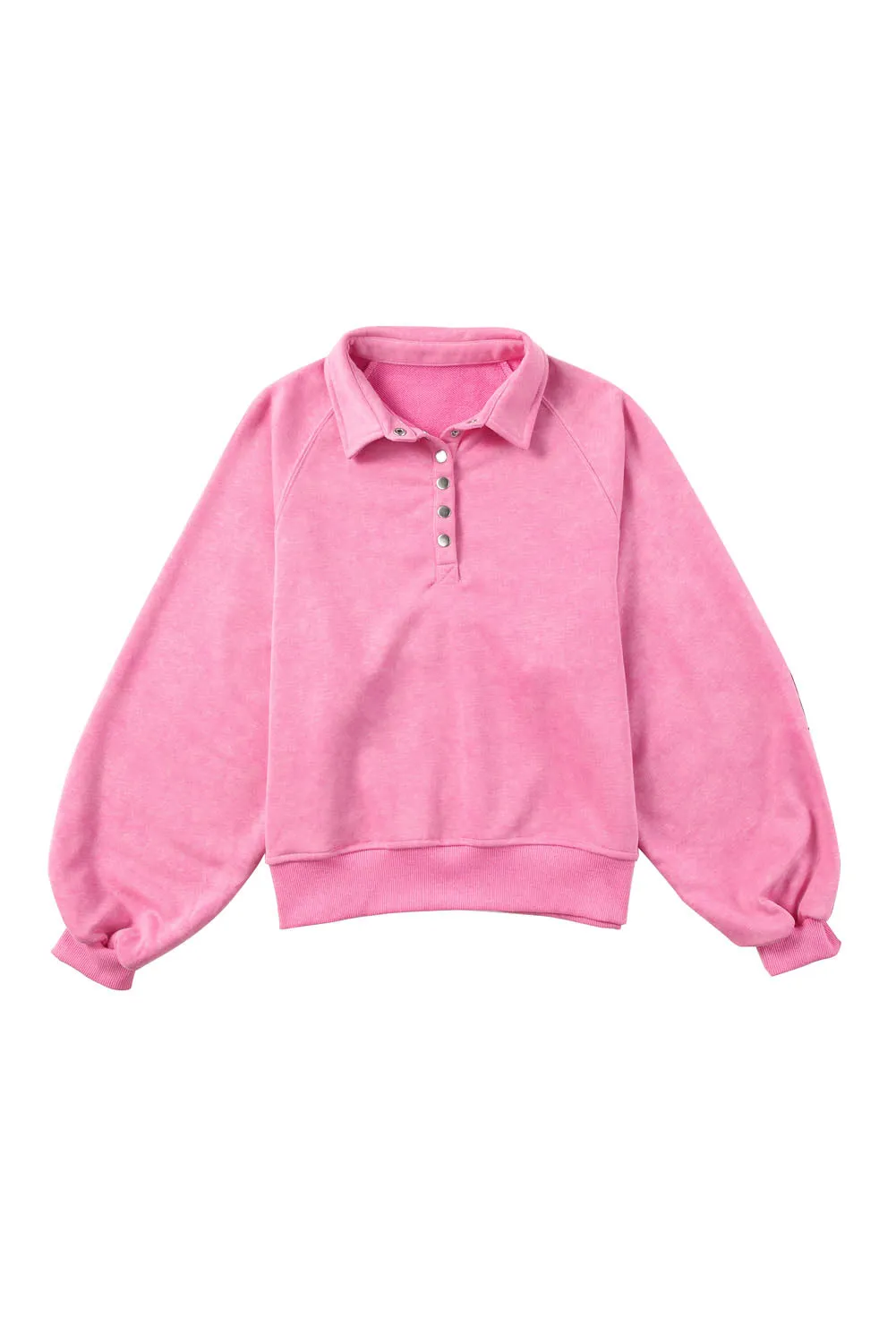 Pink Washed Snap Buttons Lantern Sleeve Pullover Sweatshirt