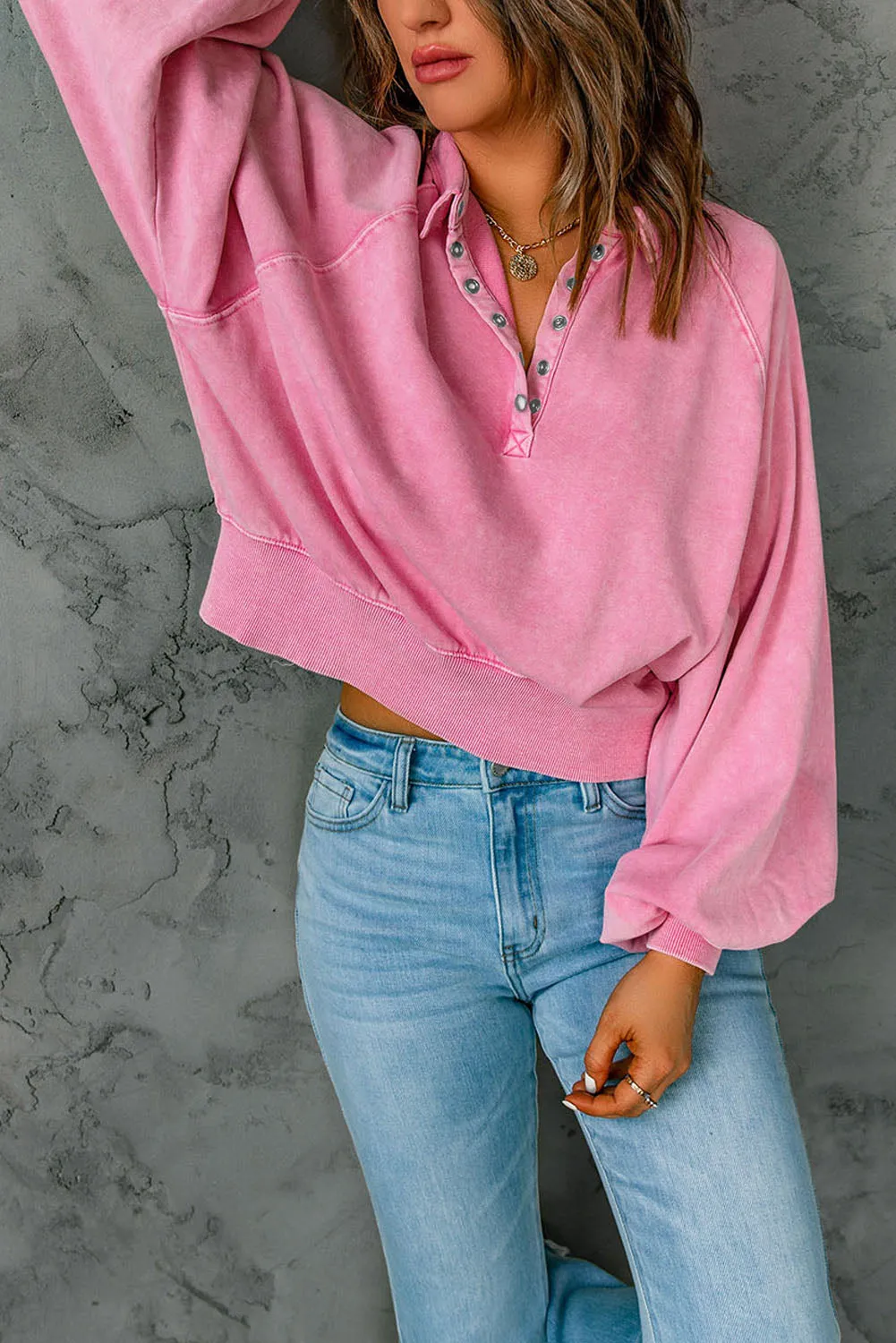 Pink Washed Snap Buttons Lantern Sleeve Pullover Sweatshirt