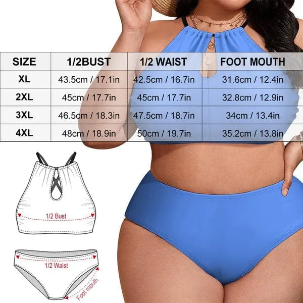 #Plus Size Halter Bikini-Custom Face Green High Neck Cutout Plus Size Swimsuit High Waisted Bikini Personalized Women's Two Piece Swimsuit Beach Outfits