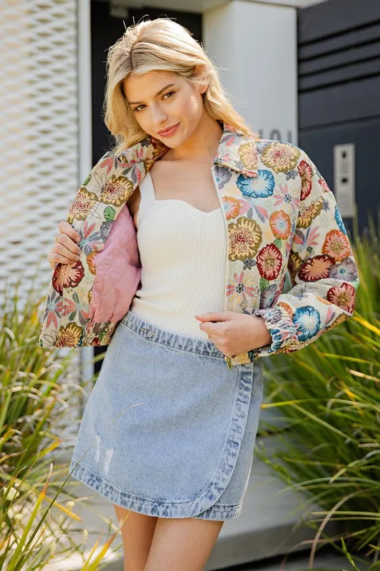 Retro Floral Printed Cropped Jacket