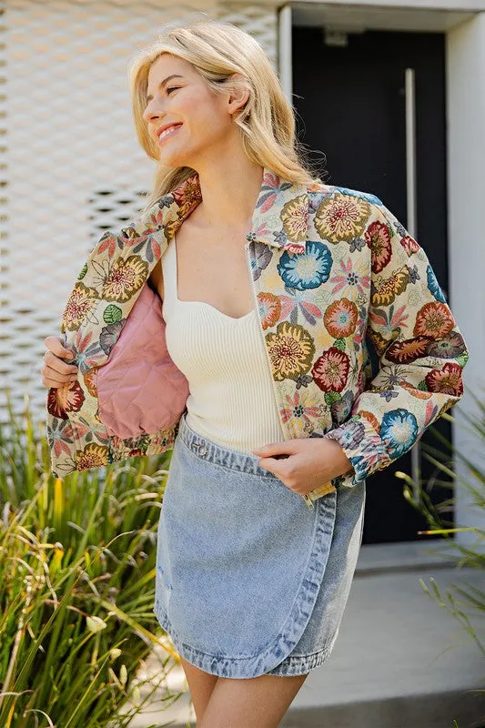 Retro Floral Printed Cropped Jacket