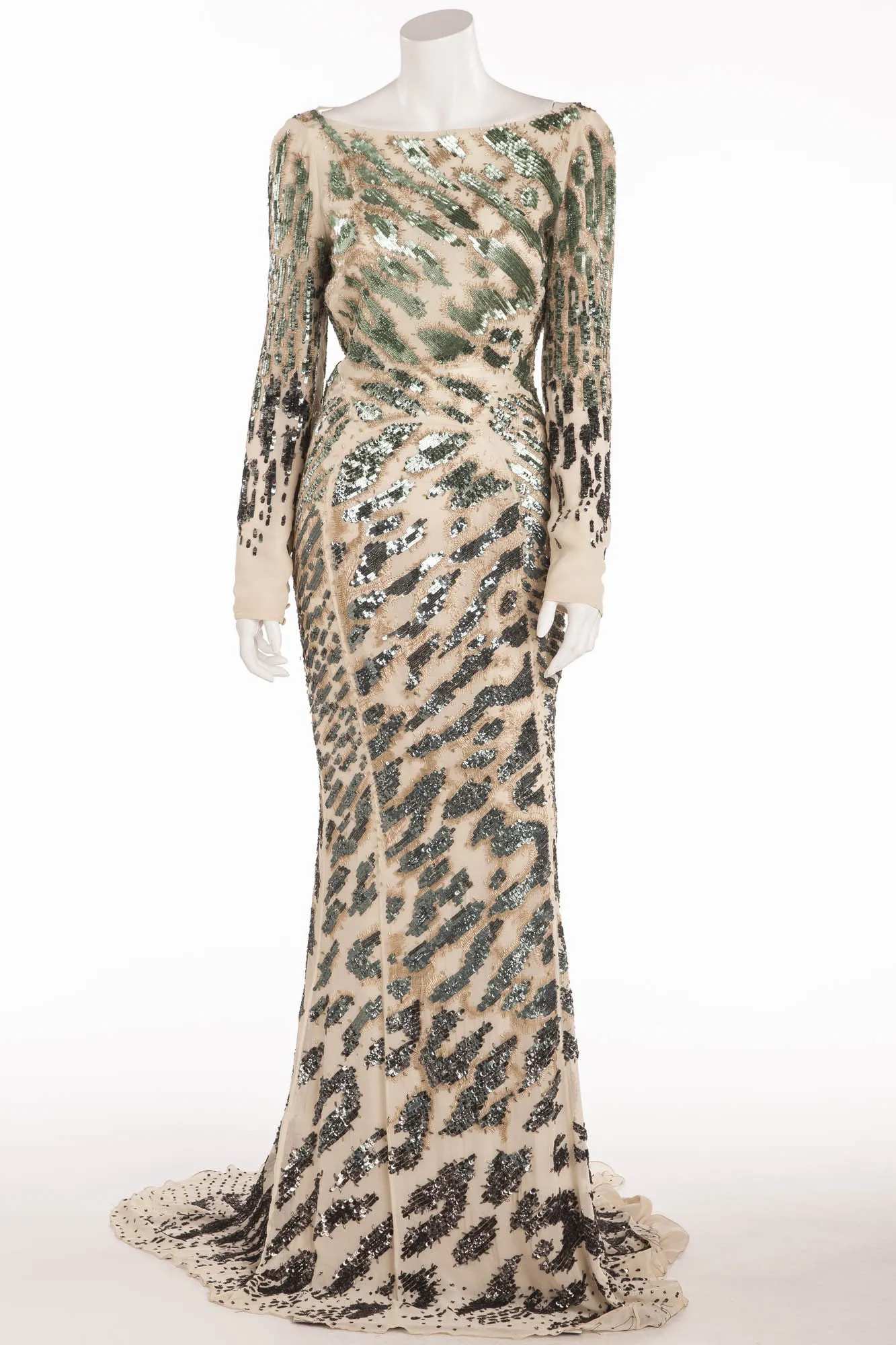 Roberto Cavalli - As Seen on Jane Fonda - Editorial Long Sleeve Nude Dress  IT42 Green Sequin with Nude Stitching Backless -