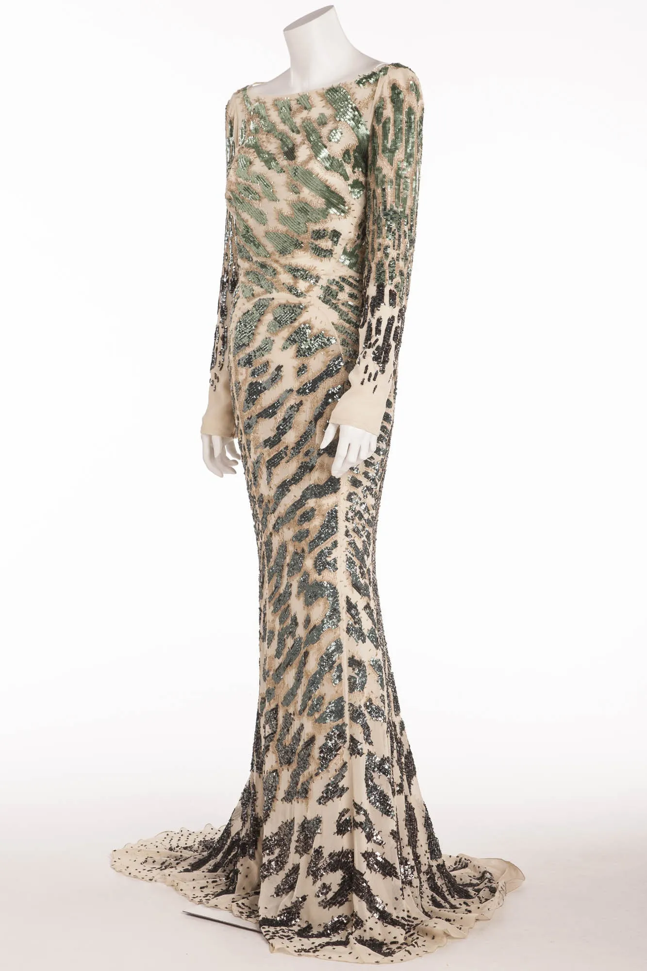 Roberto Cavalli - As Seen on Jane Fonda - Editorial Long Sleeve Nude Dress  IT42 Green Sequin with Nude Stitching Backless -