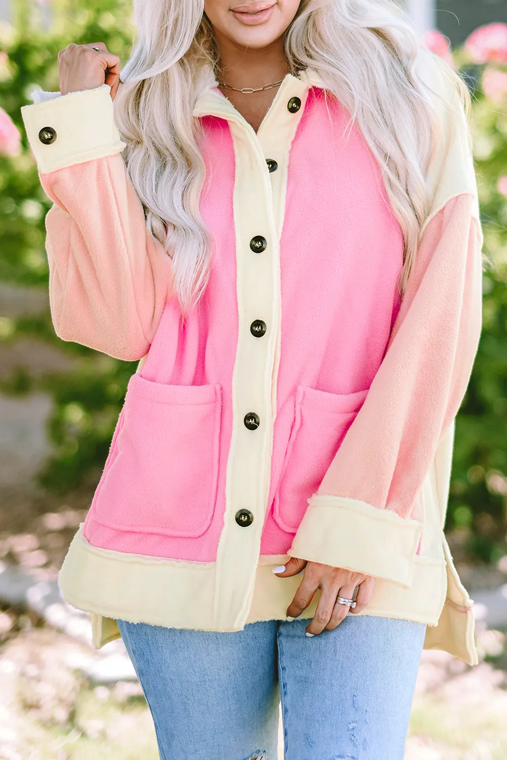 Rose Color Block Patchwork High Low Fleece Shacket