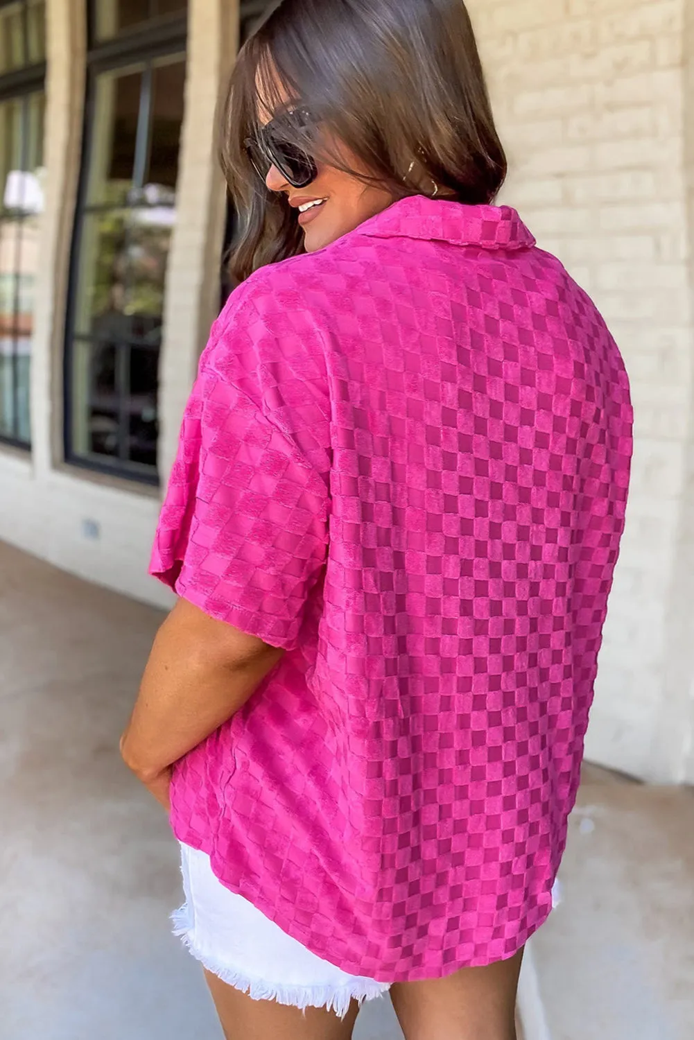 Rose Red Checkered Textured Short Sleeve Plus Shirt