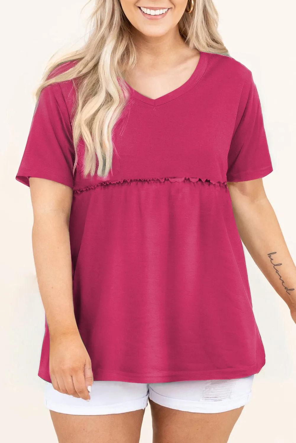 Rose Red Solid Short Sleeve Flowy Plus Size Top