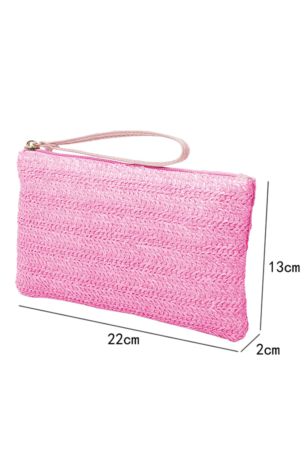 Rose Red Straw Woven Wrist Strap Zipper Large Wallet