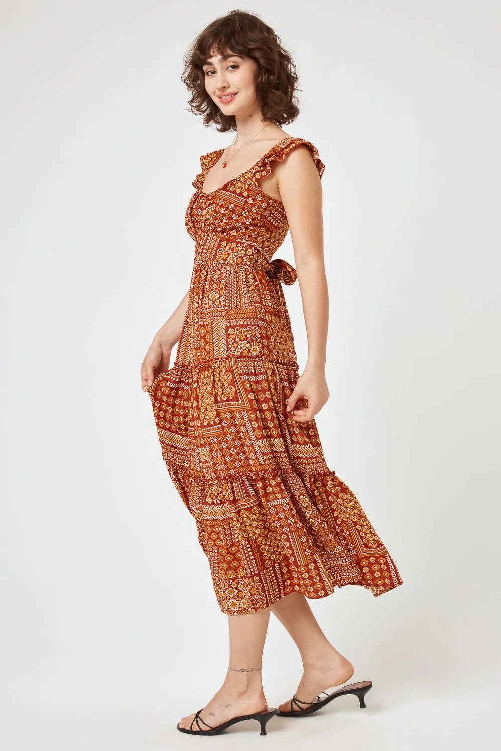 Rust Patchwork Flutter Sleeve Midi Dress