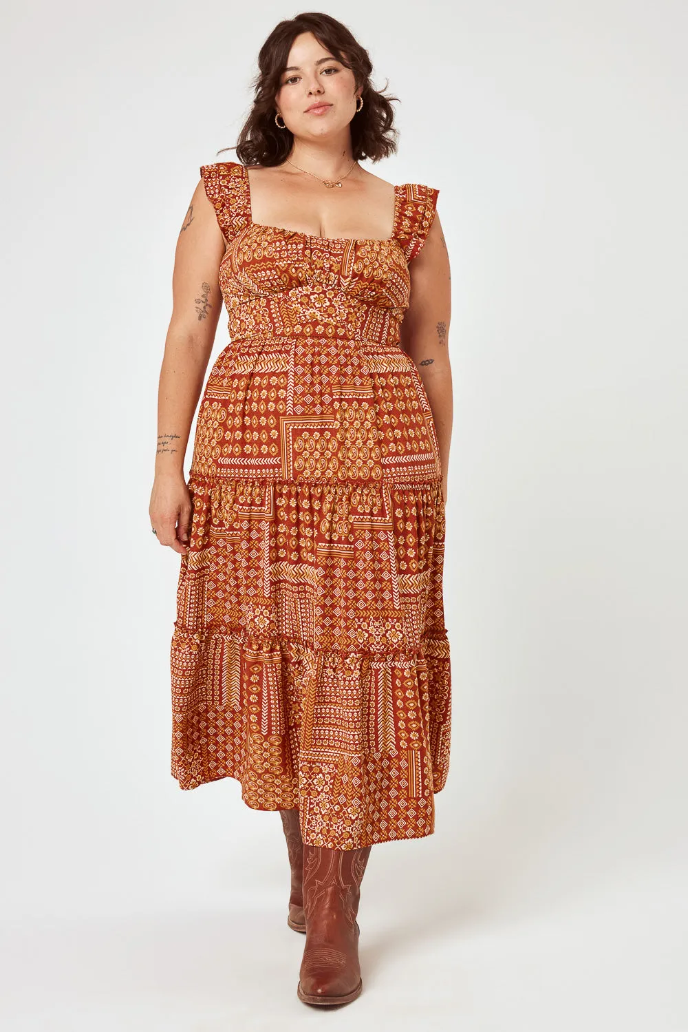 Rust Patchwork Flutter Sleeve Midi Dress