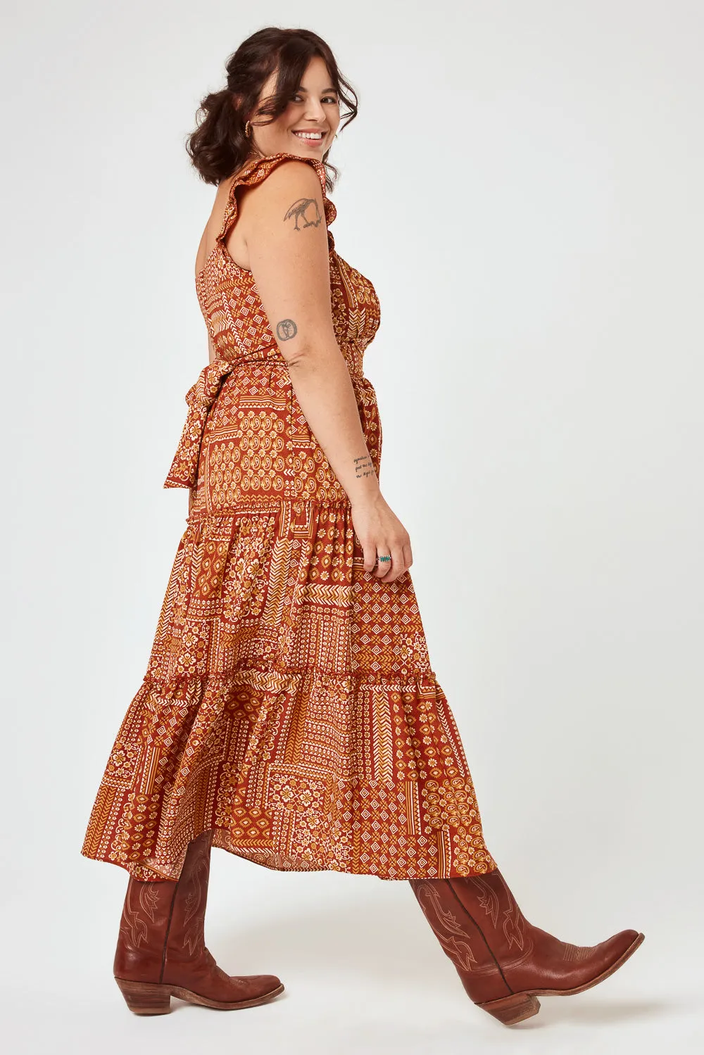 Rust Patchwork Flutter Sleeve Midi Dress