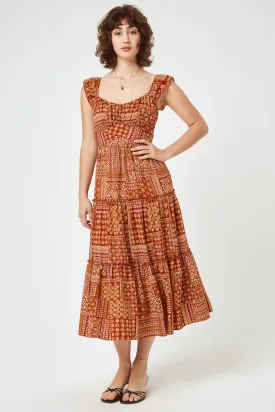 Rust Patchwork Flutter Sleeve Midi Dress